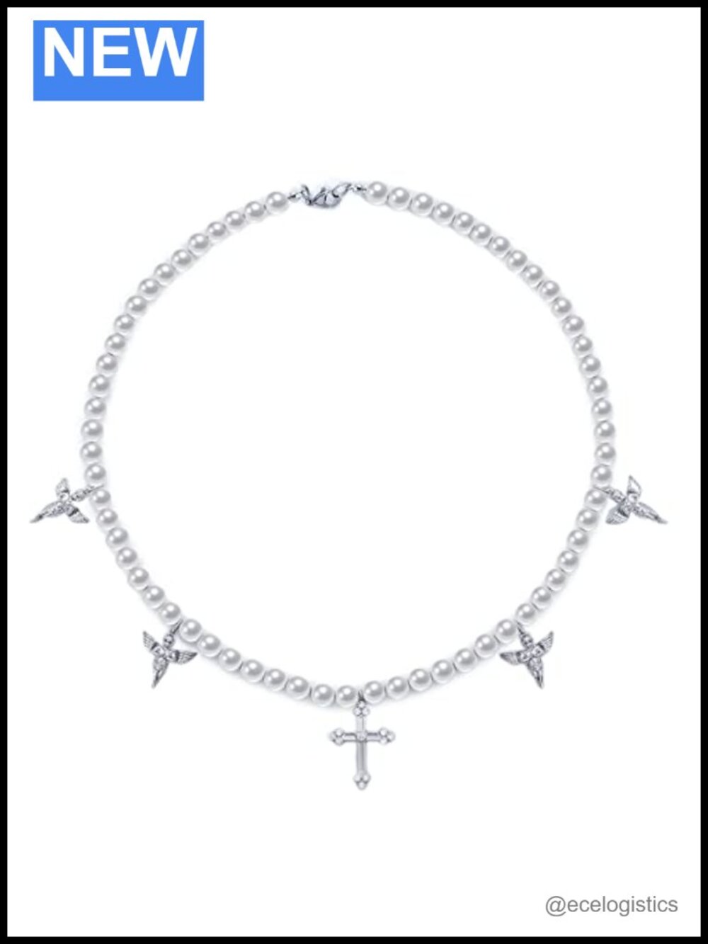 HELLOICE Pearl Necklace Round White Pearl Choker Cross Praying Angel Women Men